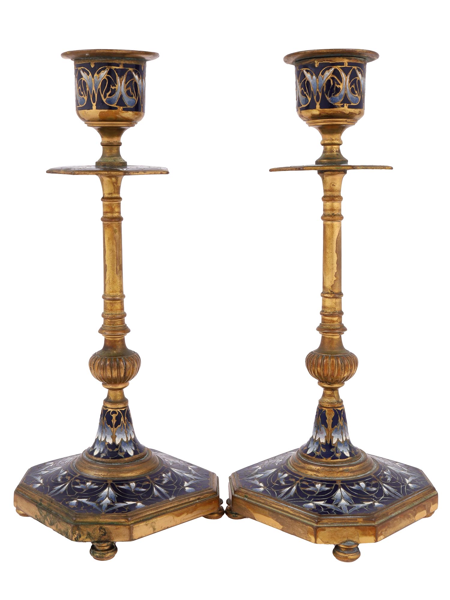 ANTIQUE PAIR OF FRENCH ENAMEL CANDLESTICKS C.1880 PIC-1